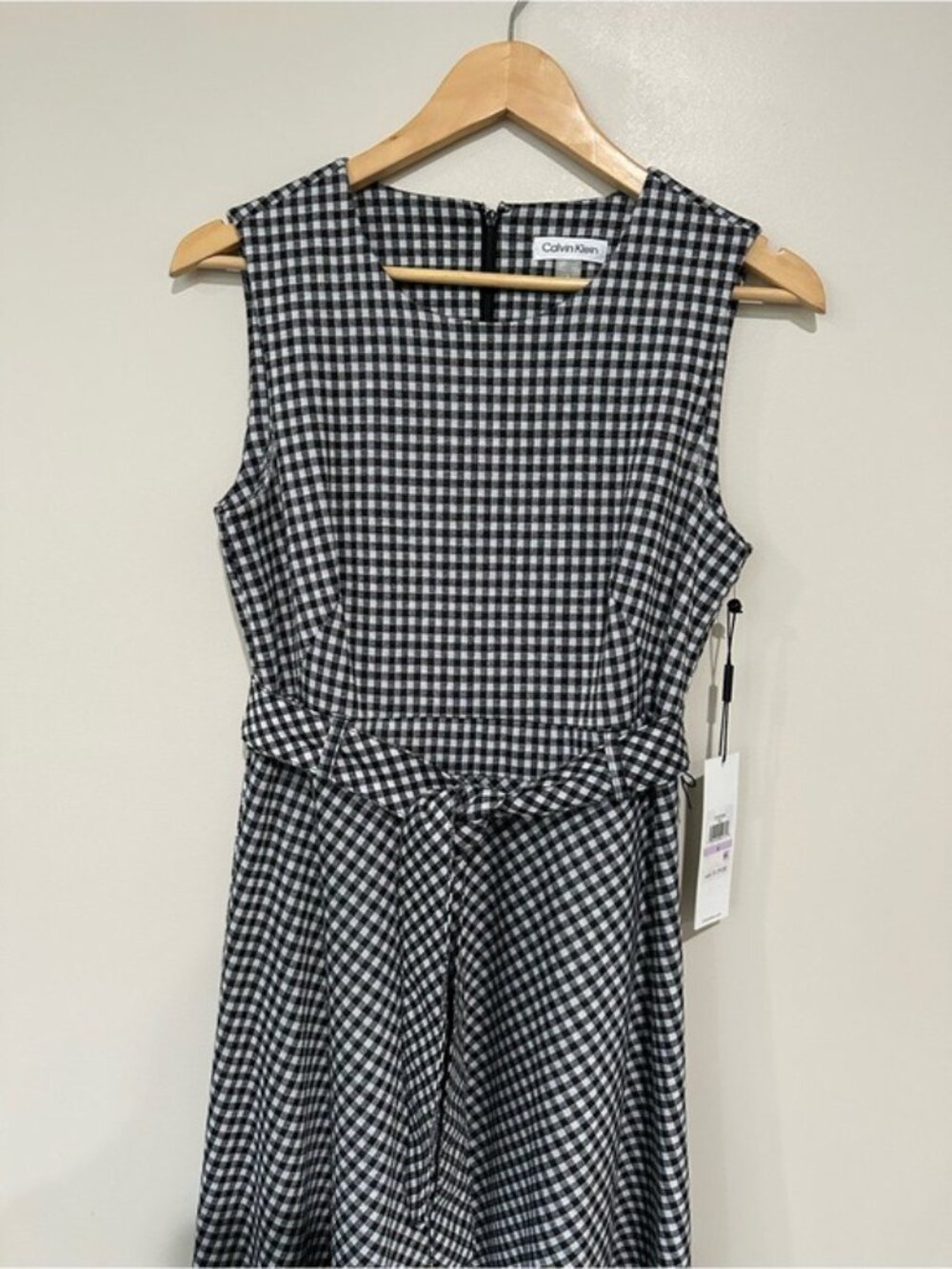 Calvin Klein Gingham Midi Dress Black White Tie Waist Size 6 Cottagecore - Picture 4 of 12